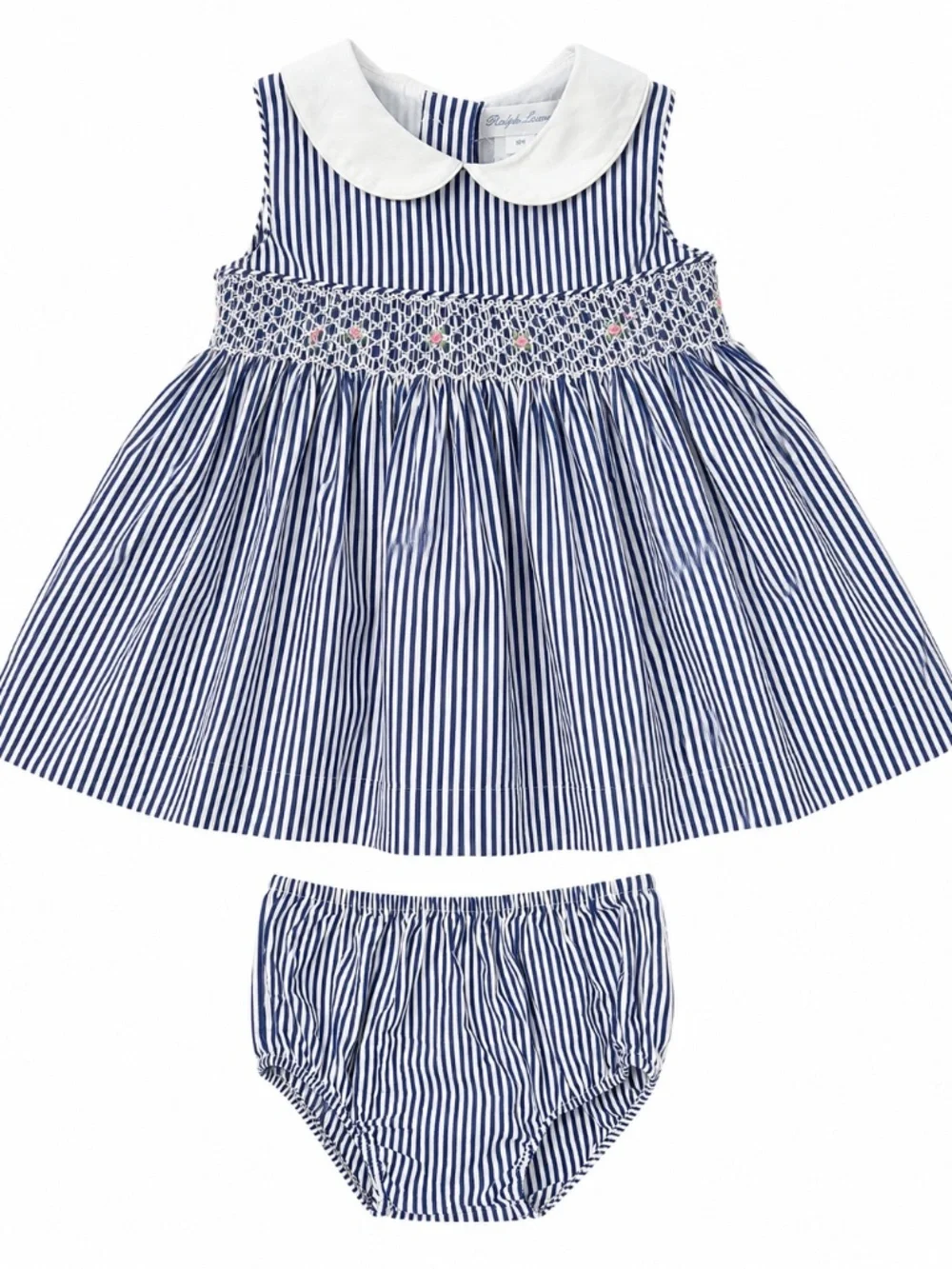 Ralph Lauren 18M Blue White Smocked Rose Dress + Bloomers (can fit 12-24 imo)
